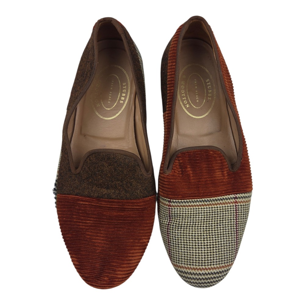 RARE Stubbs & Wootton Mismatched Patchwork Smoking Loafers 11 Brown Houndstooth